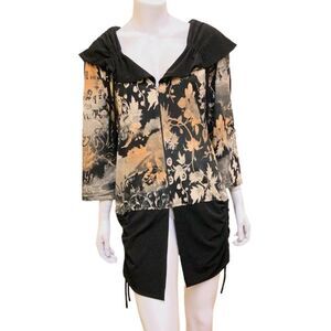 Vintage Bali Maximalist Artwear Unique Beige Black Ruched Zip Up Shacket